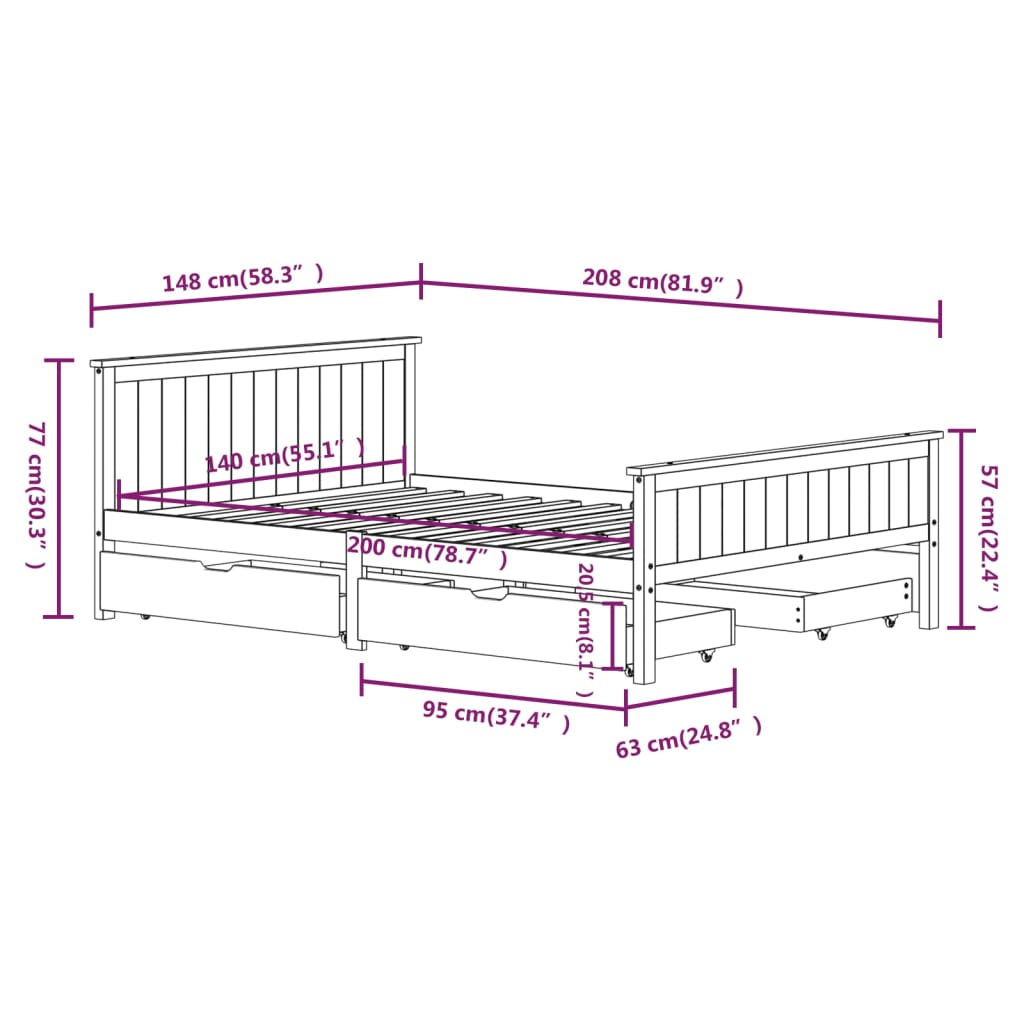 Bedframe Met 4 Lades Massief Grenenhout Wit 140X200 Cm