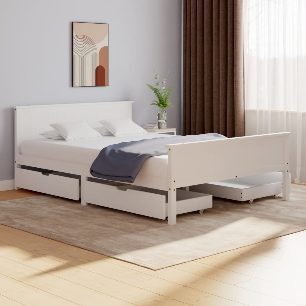 Bedframe Met 4 Lades Massief Grenenhout Wit 160X200 Cm