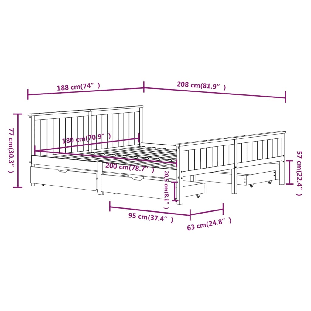 Bedframe Met 4 Lades Massief Grenenhout Wit 180X200 Cm