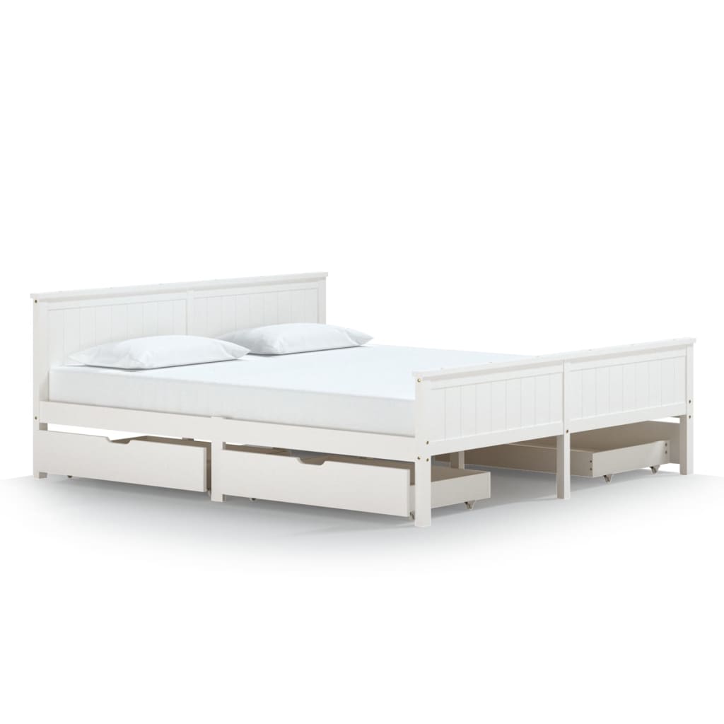 Bedframe Met 4 Lades Massief Grenenhout Wit 200X200 Cm