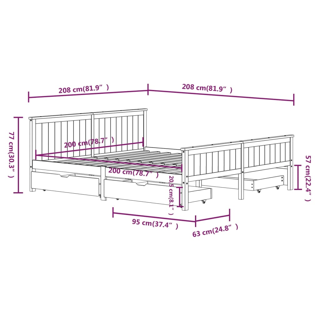 Bedframe Met 4 Lades Massief Grenenhout Wit 200X200 Cm