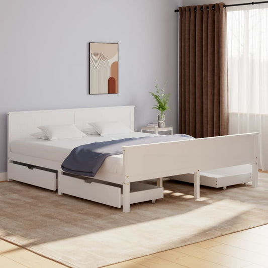 Bedframe Met 4 Lades Massief Grenenhout Wit 200X200 Cm