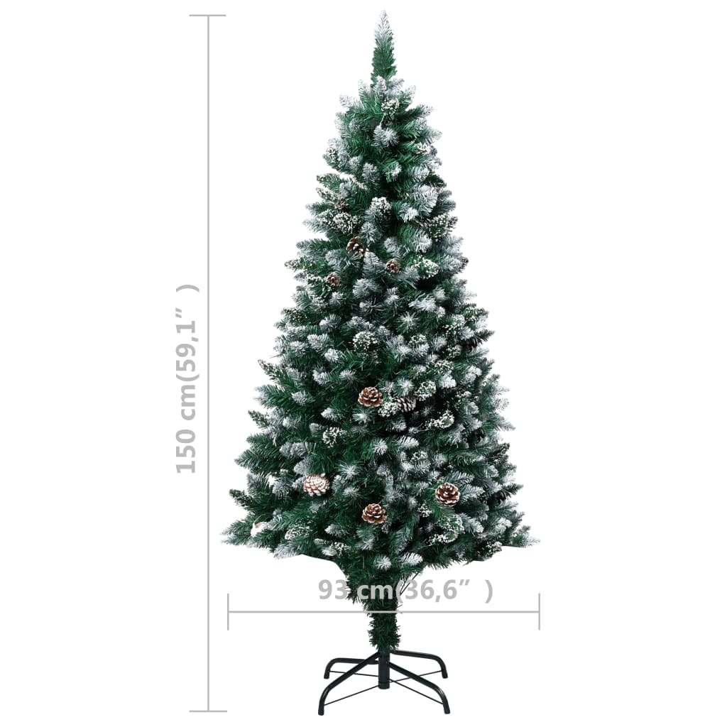 Kunstkerstboom Met Led's En Dennenappels En Witte Sneeuw 150 Cm