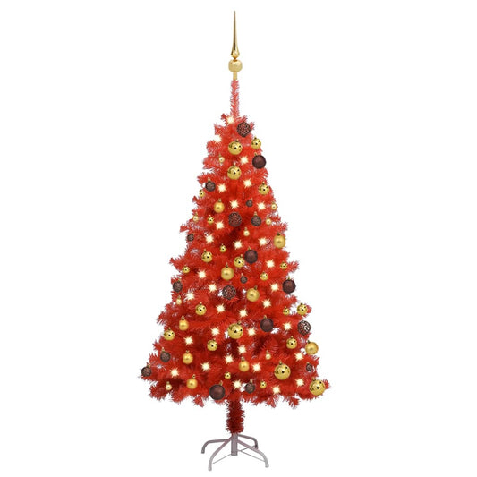 Kunstkerstboom Met Led's En Kerstballen 120 Cm Pvc Rood
