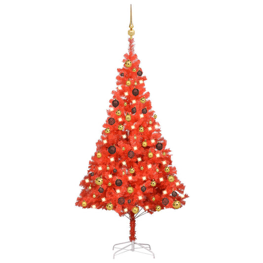 Kunstkerstboom Met Led's En Kerstballen 150 Cm Pvc Rood