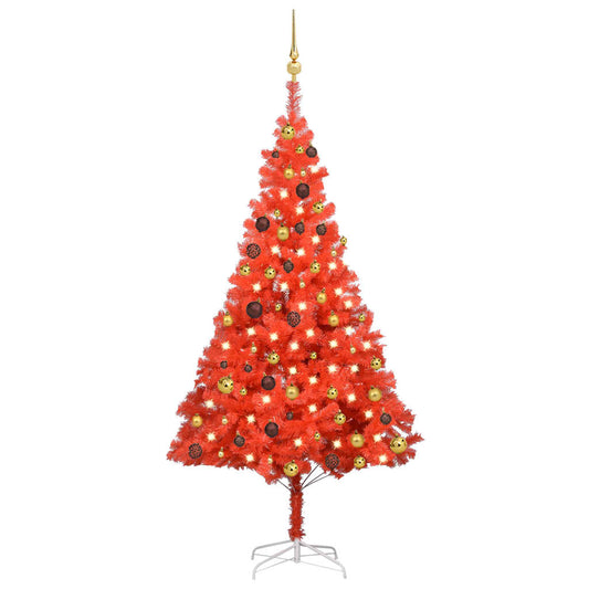 Kunstkerstboom Met Led's En Kerstballen 180 Cm Pvc Rood