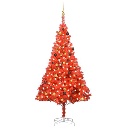 Kunstkerstboom Met Led's En Kerstballenset 210 Cm Pvc Rood