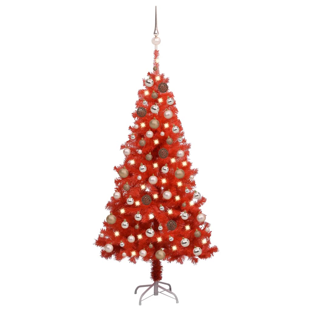 Kunstkerstboom Met Led's En Kerstballen 150 Cm Pvc Rood