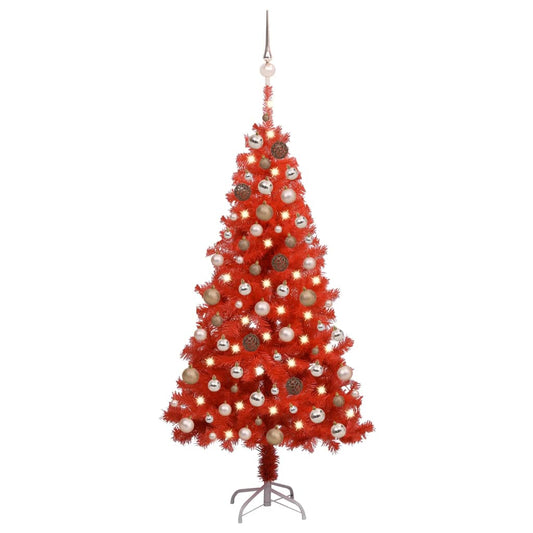 Kunstkerstboom Met Led's En Kerstballen 150 Cm Pvc Rood