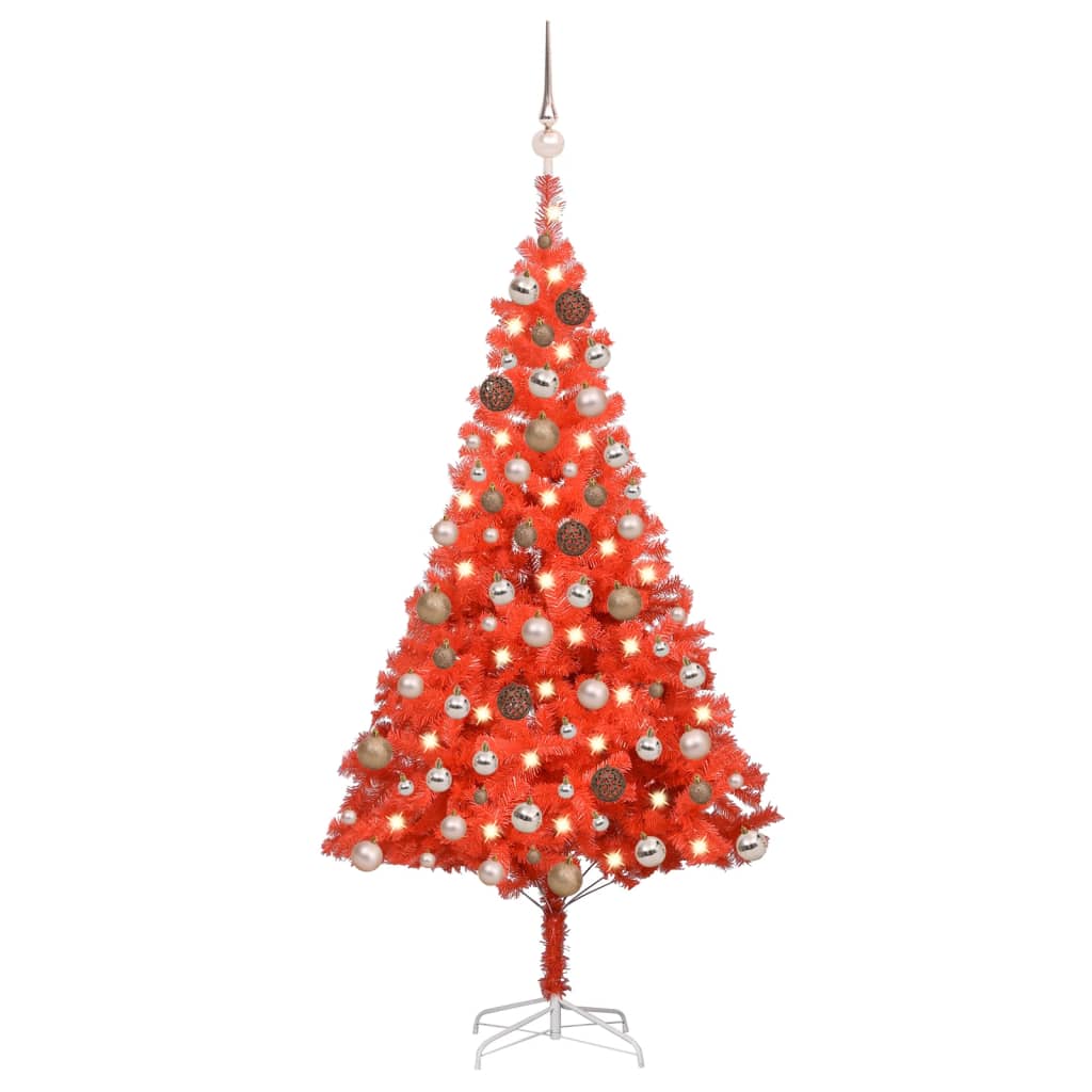 Kunstkerstboom Met Led's En Kerstballen 180 Cm Pvc Rood