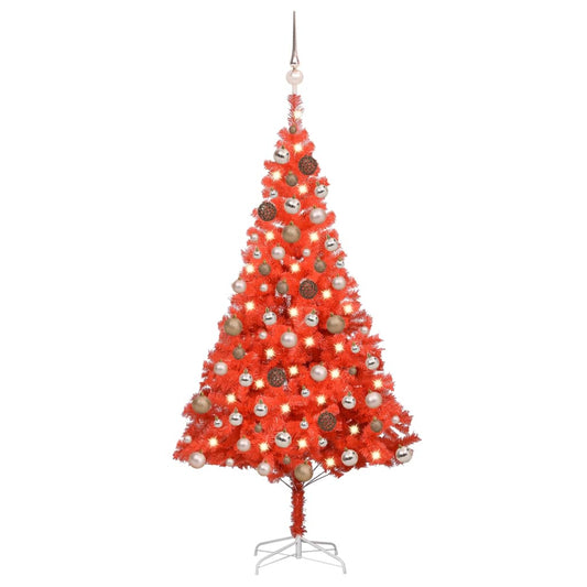 Kunstkerstboom Met Led's En Kerstballen 180 Cm Pvc Rood