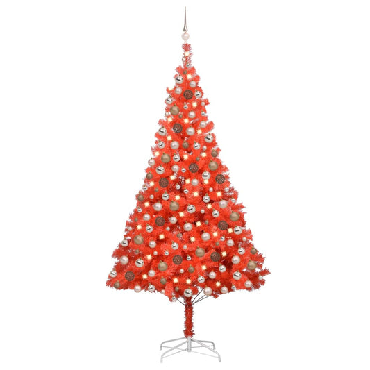 Kunstkerstboom Met Led's En Kerstballen 210 Cm Pvc Rood