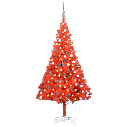 Kunstkerstboom Met Led's En Kerstballen 180 Cm Pvc Rood