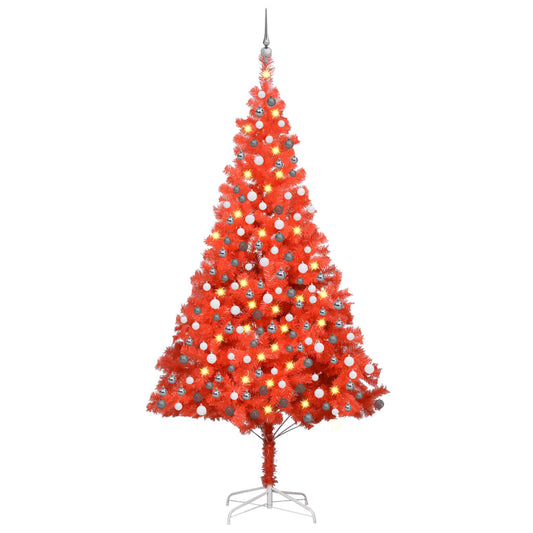 Kunstkerstboom Met Led's En Kerstballen 210 Cm Pvc Rood