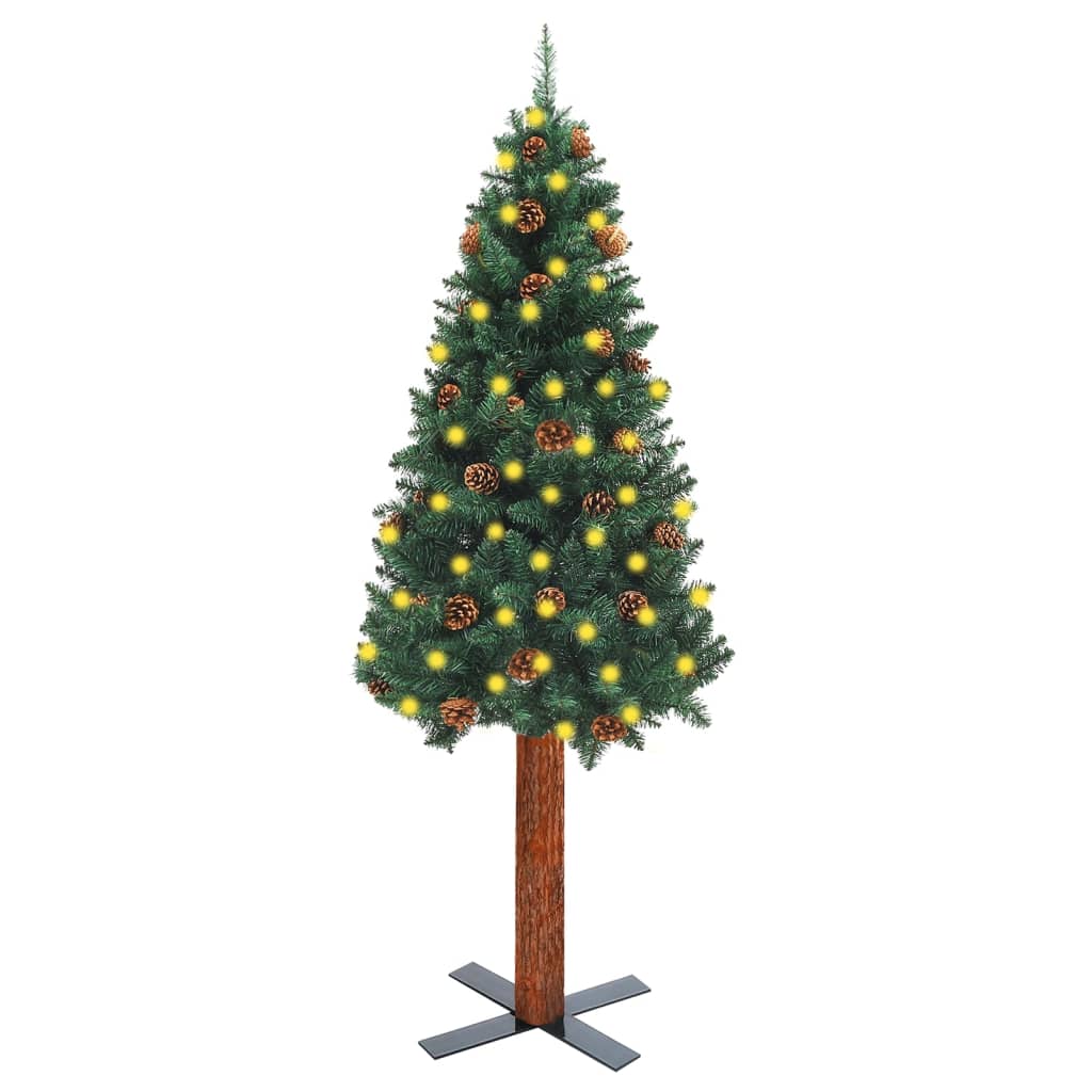 Kerstboom Met Led's En Hout En Dennenappels Smal 210 Cm Groen