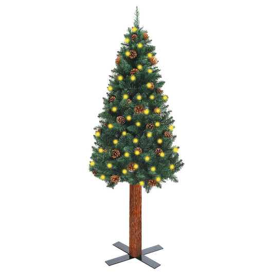 Kerstboom Met Led's En Hout En Dennenappels Smal 210 Cm Groen