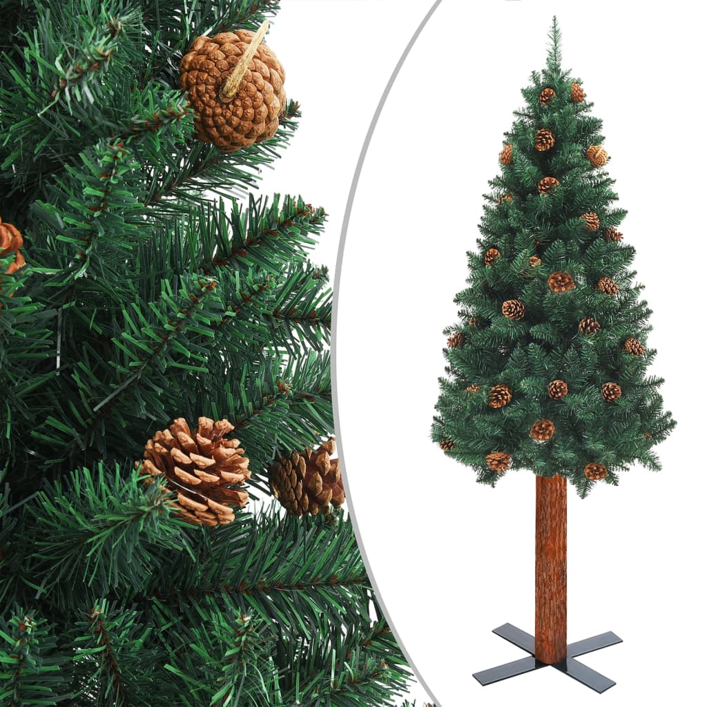 Kerstboom Met Led's En Hout En Dennenappels Smal 210 Cm Groen