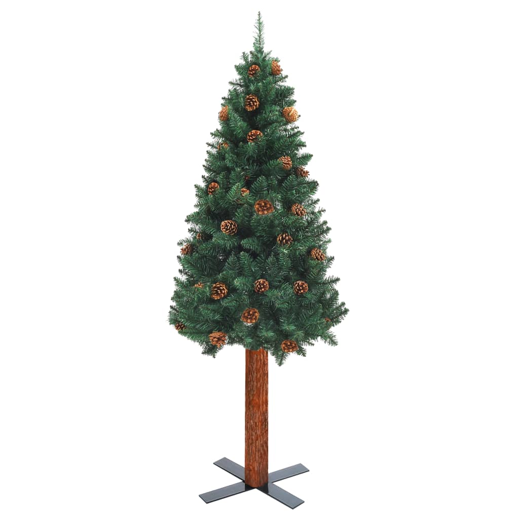 Kerstboom Met Led's En Hout En Dennenappels Smal 210 Cm Groen