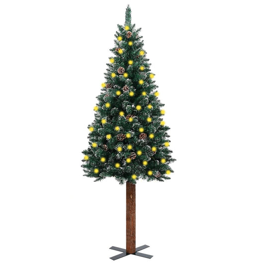 Kerstboom Met Led's En Hout En Witte Sneeuw Smal 210 Cm Groen