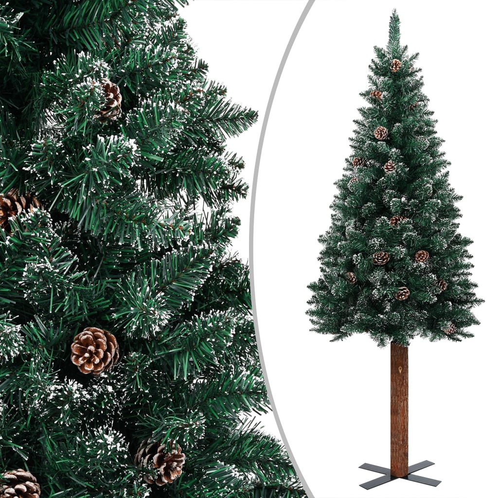 Kerstboom Met Led's En Hout En Witte Sneeuw Smal 210 Cm Groen