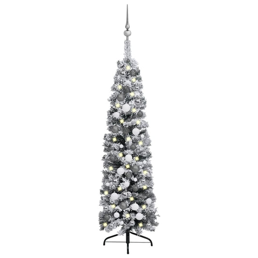 Kerstboom Met Led's, Kerstballen En Sneeuw Smal 120 Cm Groen