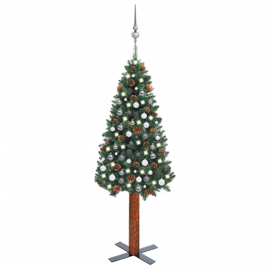 Kunstkerstboom Met Led's En Kerstballen Smal 210 Cm Pvc Groen