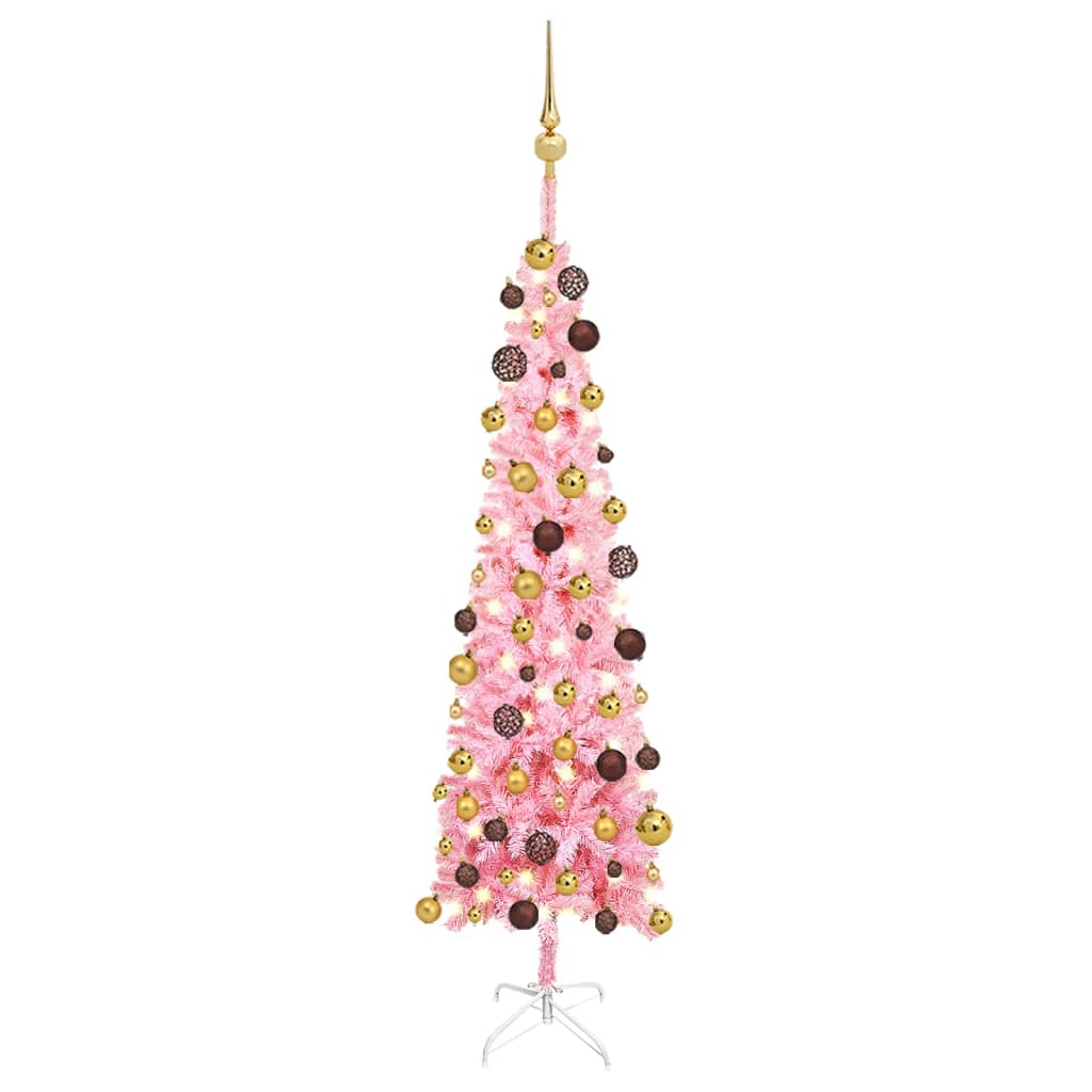 Kerstboom Met Led's En Kerstballen Smal 120 Cm Roze