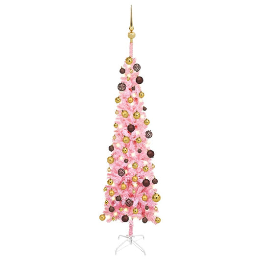 Kerstboom Met Led's En Kerstballen Smal 120 Cm Roze