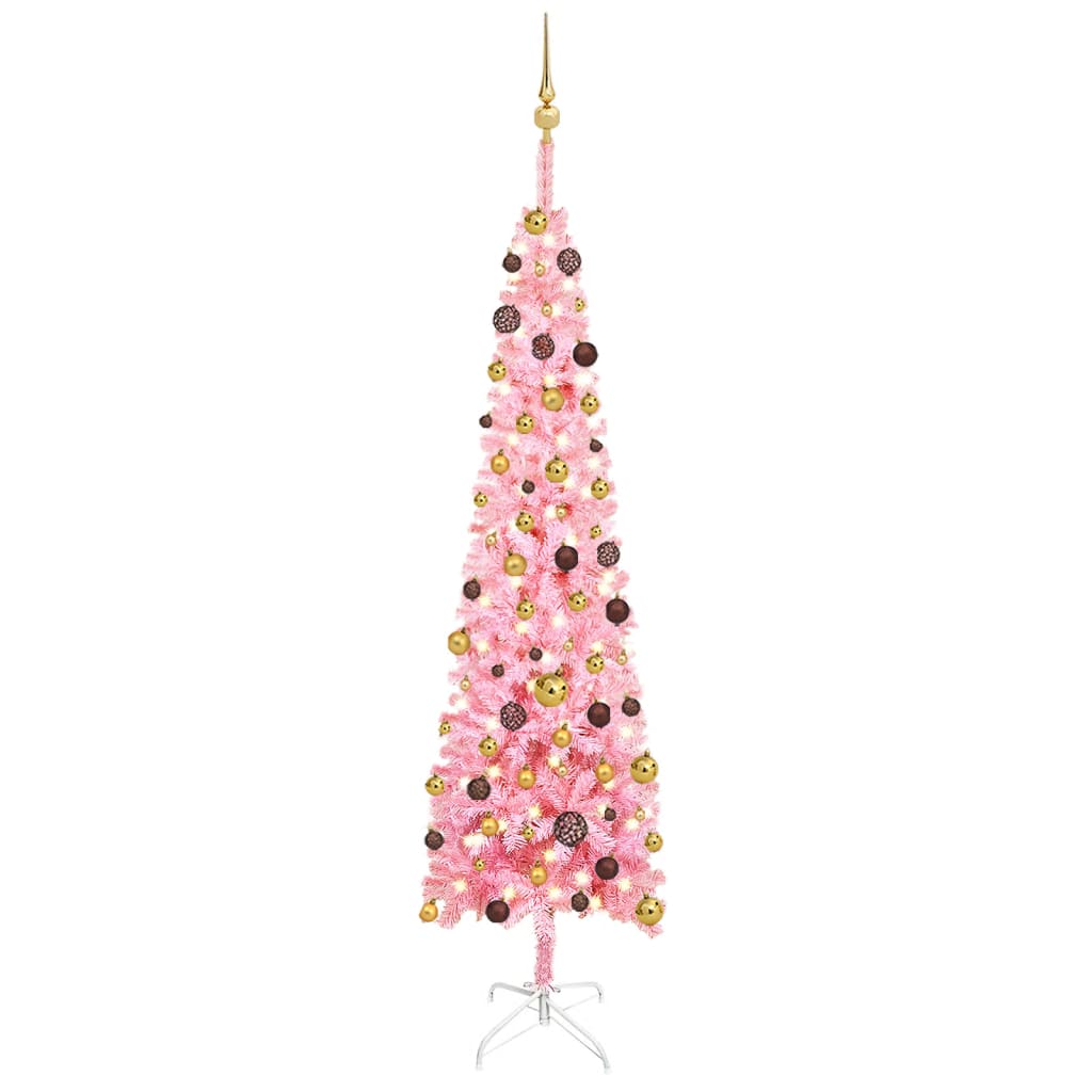 Kerstboom Met Led's En Kerstballen Smal 210 Cm Roze
