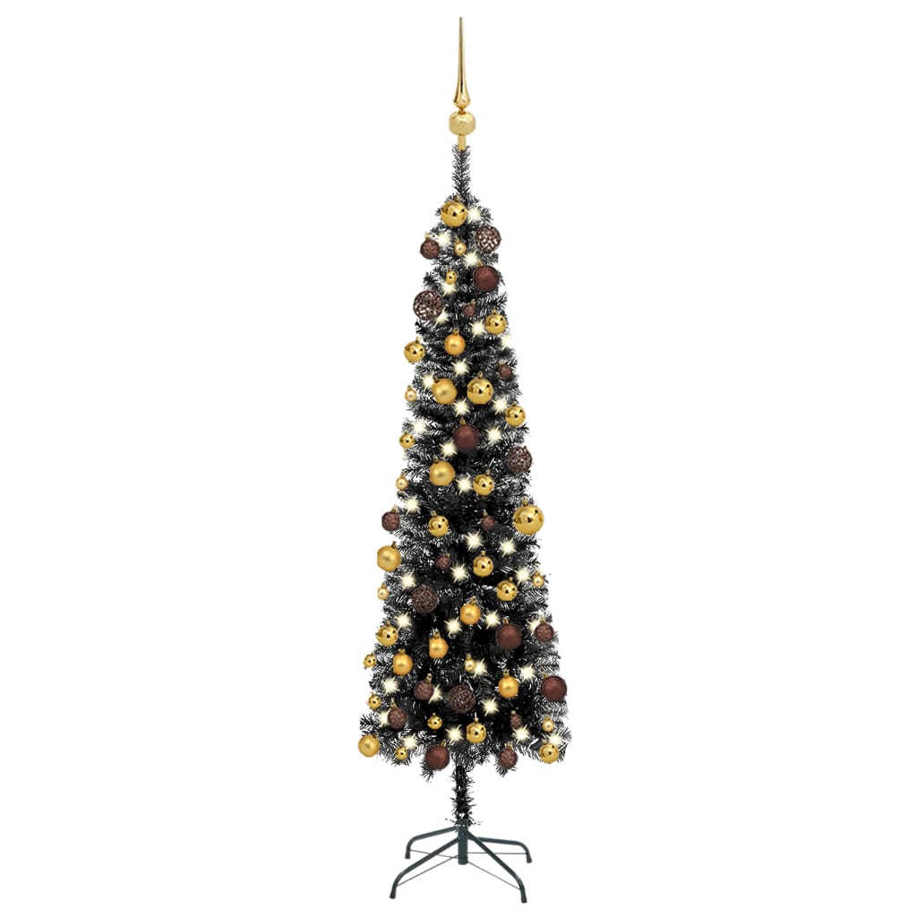 Kerstboom Met Led's En Kerstballen Smal 150 Cm Zwart