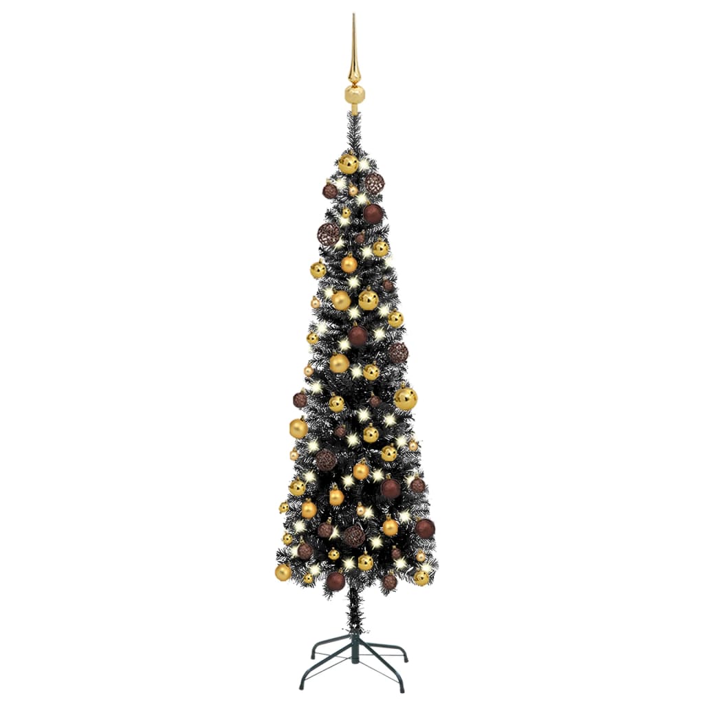 Kerstboom Met Led's En Kerstballen Smal 180 Cm Zwart