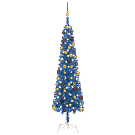 Kerstboom Met Led's En Kerstballen Smal 180 Cm Blauw