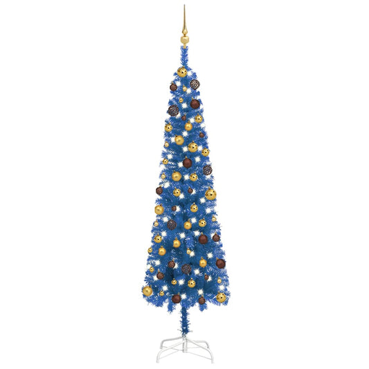 Kerstboom Met Led's En Kerstballen Smal 210 Cm Blauw