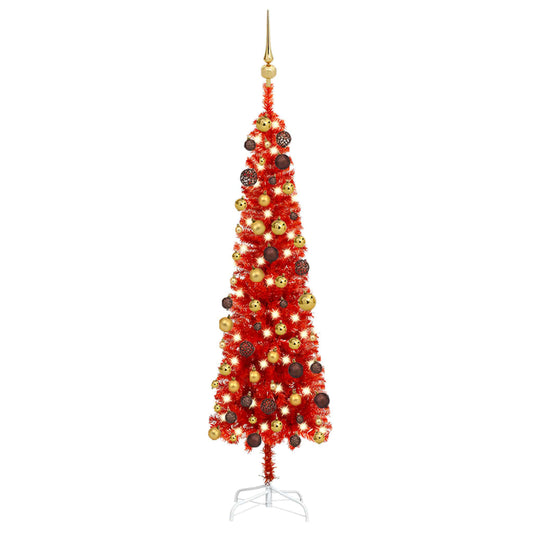 Kerstboom Met Led's En Kerstballen Smal 120 Cm Rood