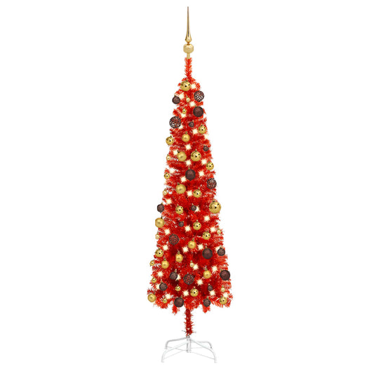 Kerstboom Met Led's En Kerstballen Smal 150 Cm Rood