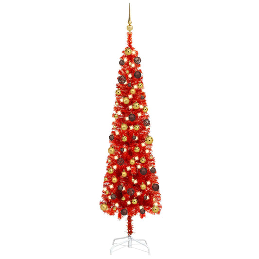 Kerstboom Met Led's En Kerstballen Smal 180 Cm Rood