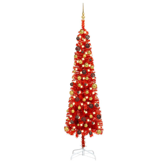 Kerstboom Met Led's En Kerstballen Smal 240 Cm Rood
