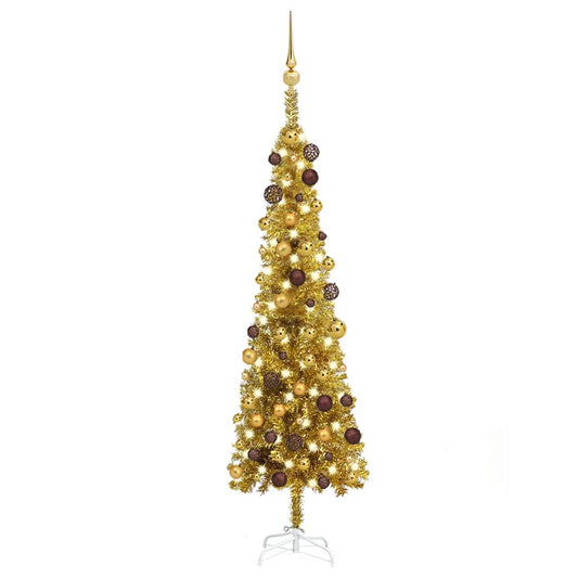 Kerstboom Met Led's En Kerstballen Smal 120 Cm Goudkleurig