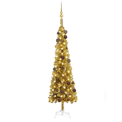 Kerstboom Met Led's En Kerstballen Smal 150 Cm Goudkleurig