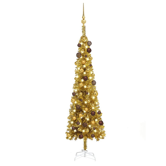 Kerstboom Met Led's En Kerstballen Smal 150 Cm Goudkleurig