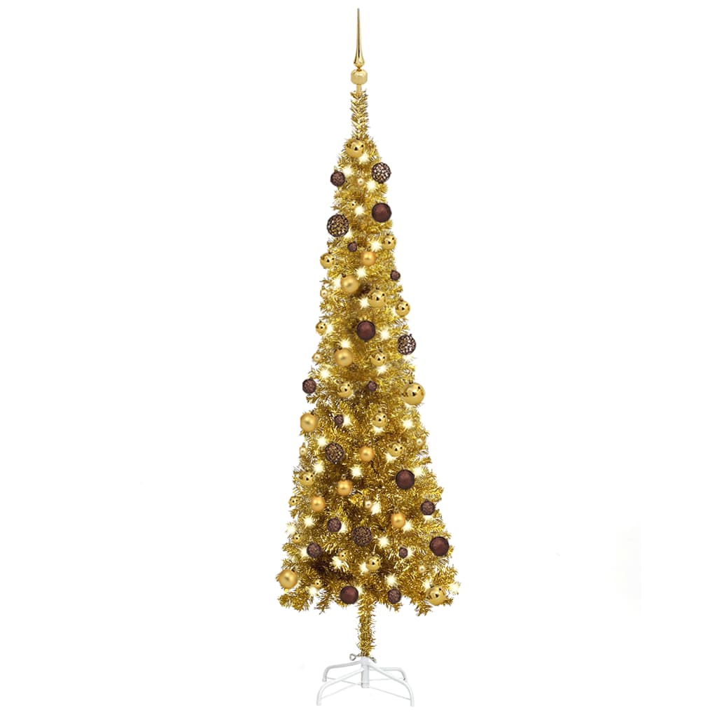 Kerstboom Met Led's En Kerstballen Smal 180 Cm Goudkleurig