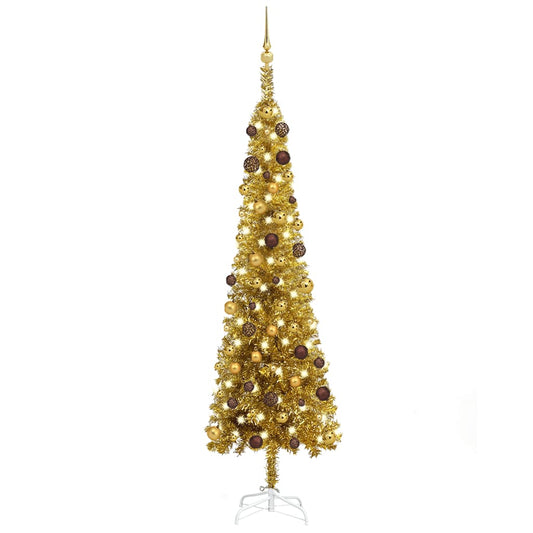 Kerstboom Met Led's En Kerstballen Smal 210 Cm Goudkleurig