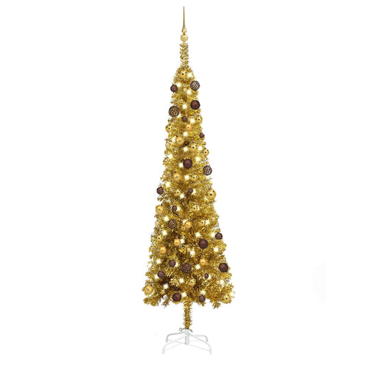 Kerstboom Met Led's En Kerstballen Smal 240 Cm Goudkleurig