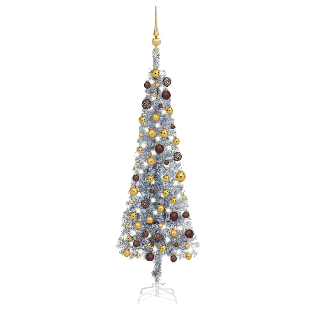 Kerstboom Met Led's En Kerstballen Smal 120 Cm Zilverkleurig