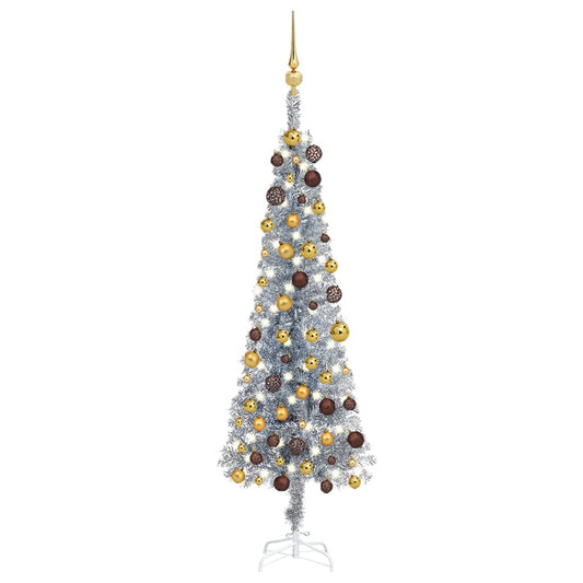 Kerstboom Met Led's En Kerstballen Smal 120 Cm Zilverkleurig
