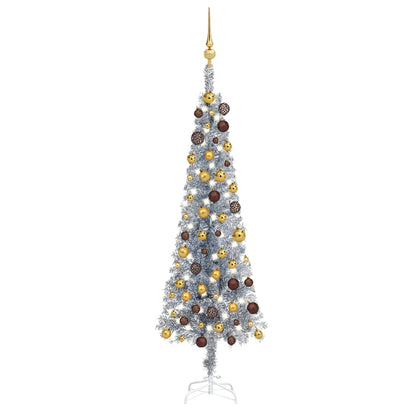 Kerstboom Met Led's En Kerstballen Smal 150 Cm Zilverkleurig