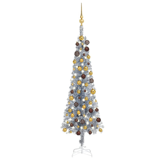 Kerstboom Met Led's En Kerstballen Smal 150 Cm Zilverkleurig