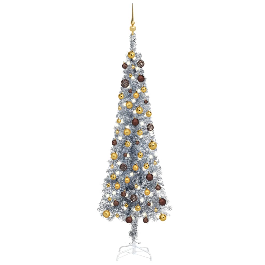 Kerstboom Met Led's En Kerstballen Smal 180 Cm Zilverkleurig