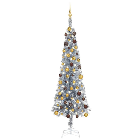 Kerstboom Met Led's En Kerstballen Smal 180 Cm Zilverkleurig