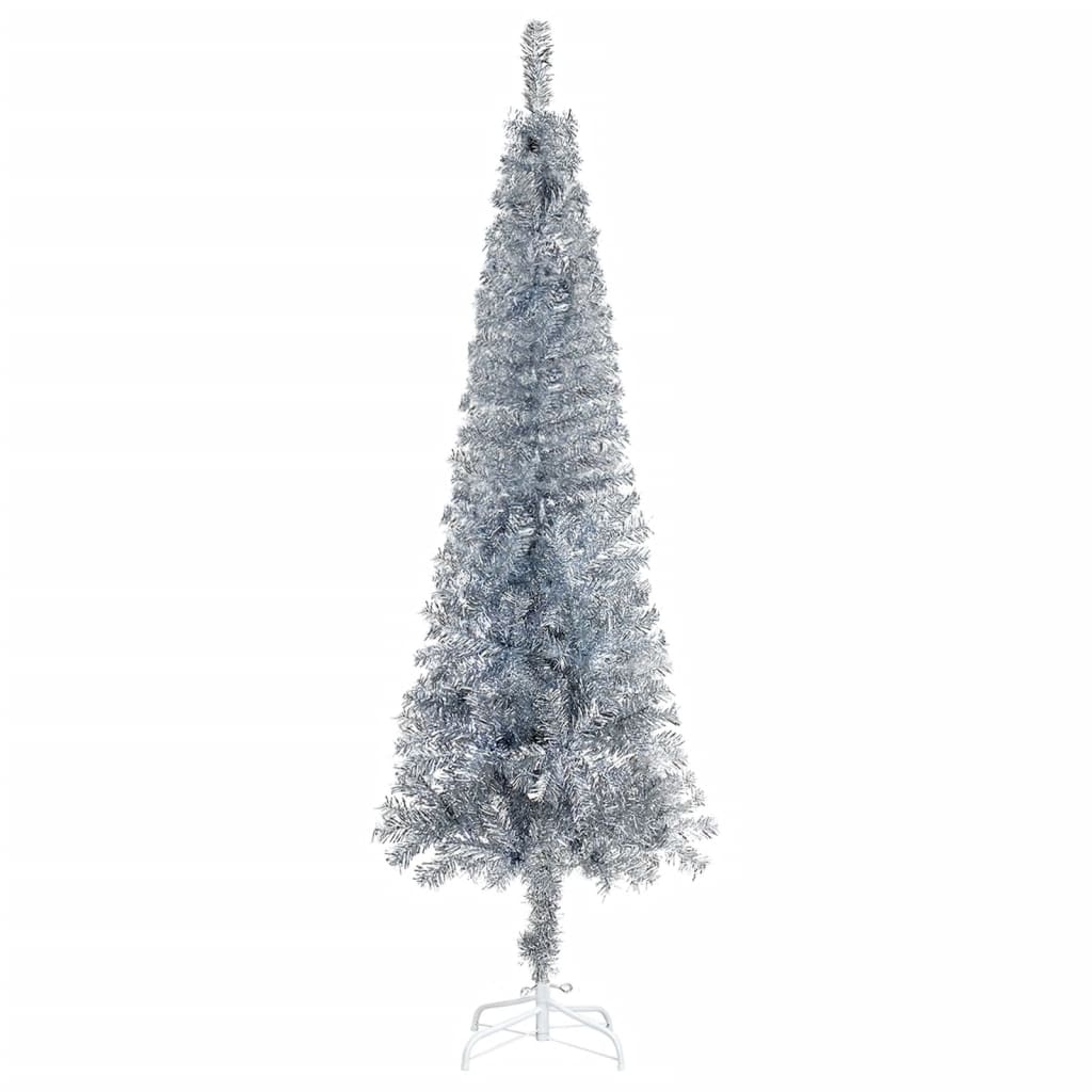 Kerstboom Met Led's En Kerstballen Smal 180 Cm Zilverkleurig